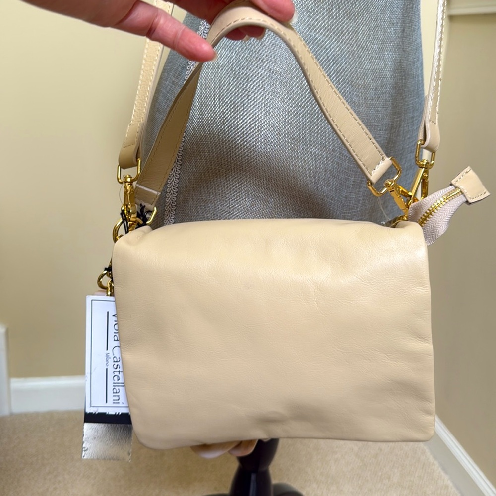 New Viola Castellani Elegant Leather Cream Bag w/3 interchangeable handles/strap